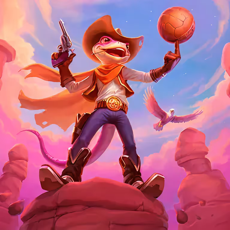 Lizaro Casinon maskotti cowboyna koripallon kanssa – virallinen Wild West -teemainen kuvitus kolikkopeleihin ja bonuskampanjoihin